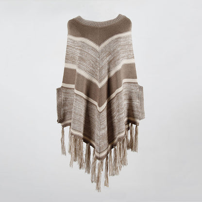 Tassel Fringed Pullover Geometric Pattern Sweater Cloak Shawl Cape