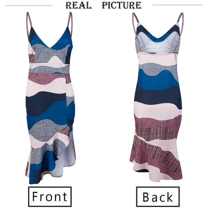 Colorful Sling Deep V-neck Ruffled Bodycon Maxi Dresses