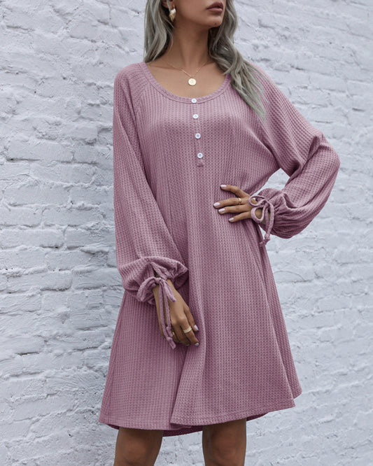 Lace-up Knit Round Neck Lantern Sleeve Mini Dresses