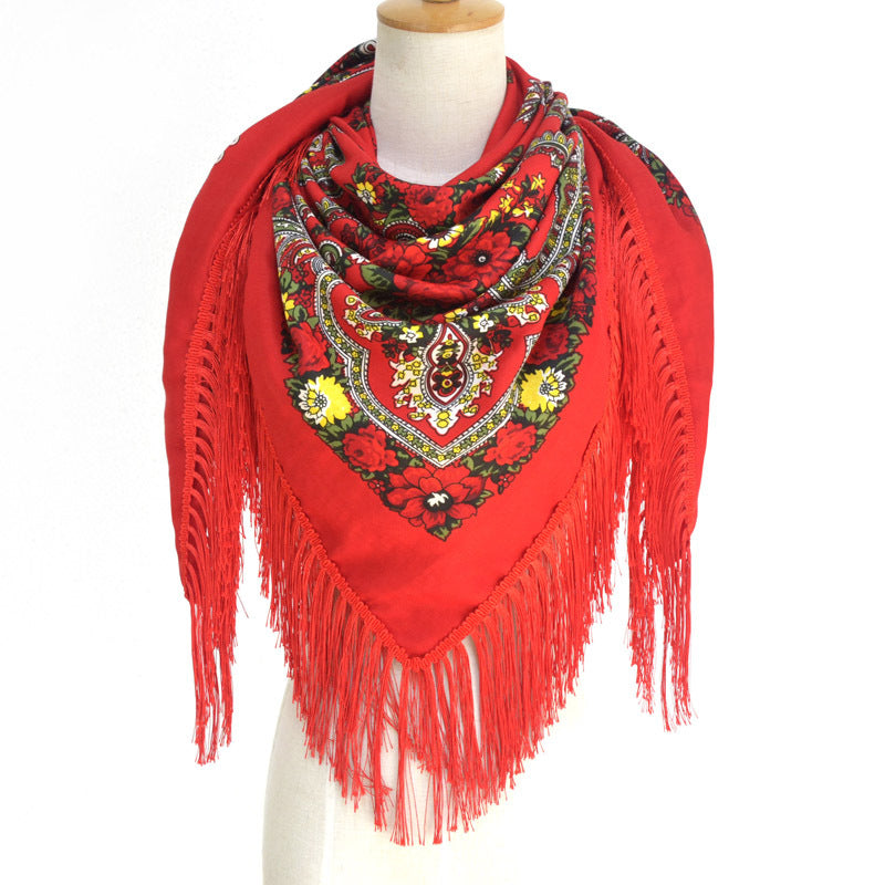 Ethnic Flower Print Square Scarf Shawl Fringed Scarves for Women Ladies Girls
