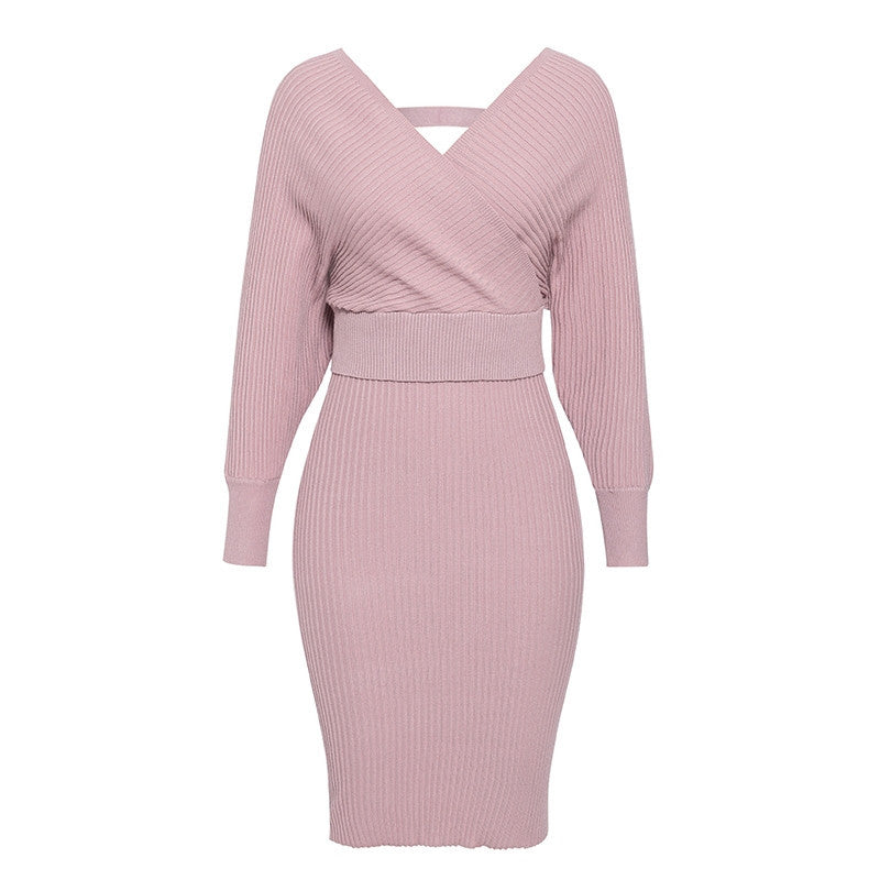 Deep V-neck Elegant Sweater and Bodycon Midi Dresses Two-piece Set