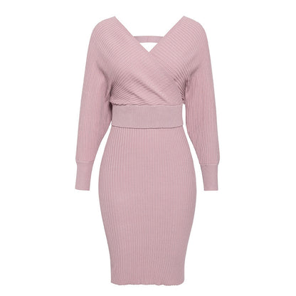 Deep V-neck Elegant Sweater and Bodycon Midi Dresses Two-piece Set