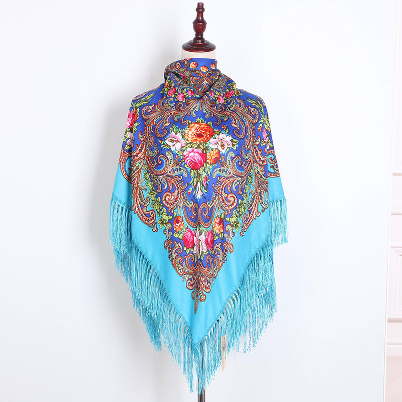Ethnic Retro Flower Square Scarf Muslim Shawl Fringed Scarves for Women Ladies Girls