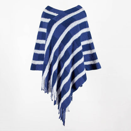 Tassel Fringed Pullover V-neck Collar Plaid Sweater Cloak Shawl Cape