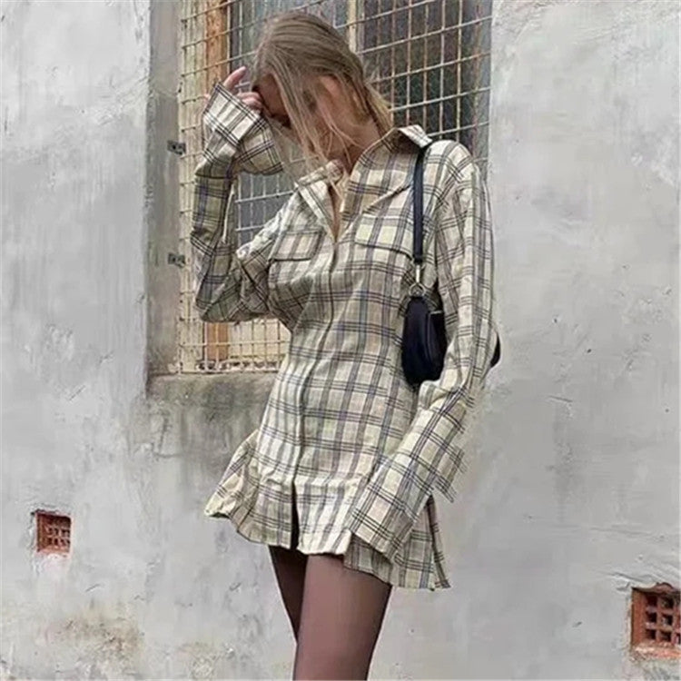 Pile Collar Single-breasted Shirred Frill Shirts Mini Dresses