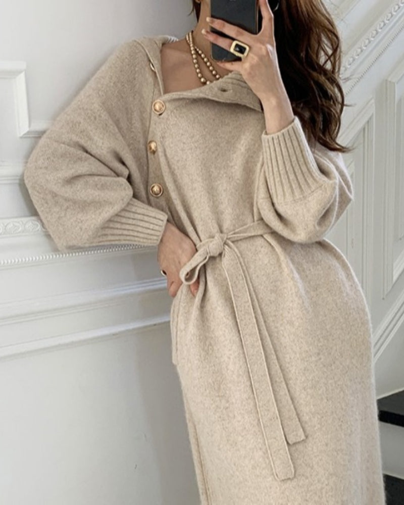 Knit High Collar Lace-up Puff Sleeve Sweater Midi Dresses