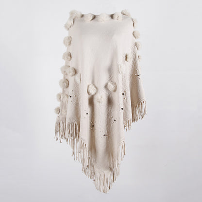 Tassel Fringed Pullover Bead Pompom Collar Sweater Cloak Shawl Cape