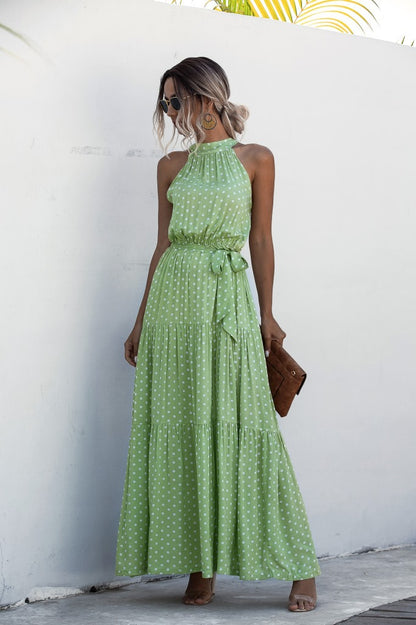 Green Wave Bohemian Boho Printed Hanging Neck Straps Maxi Dresses
