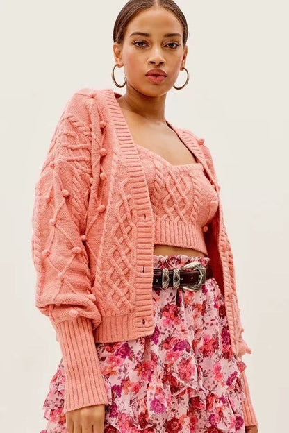 Knit Single-breasted Cardigans Cami Tops Two-piece