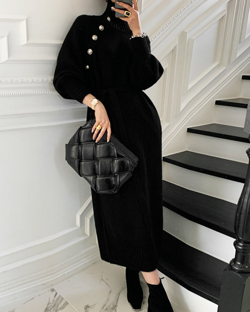 Knit High Collar Lace-up Puff Sleeve Sweater Midi Dresses