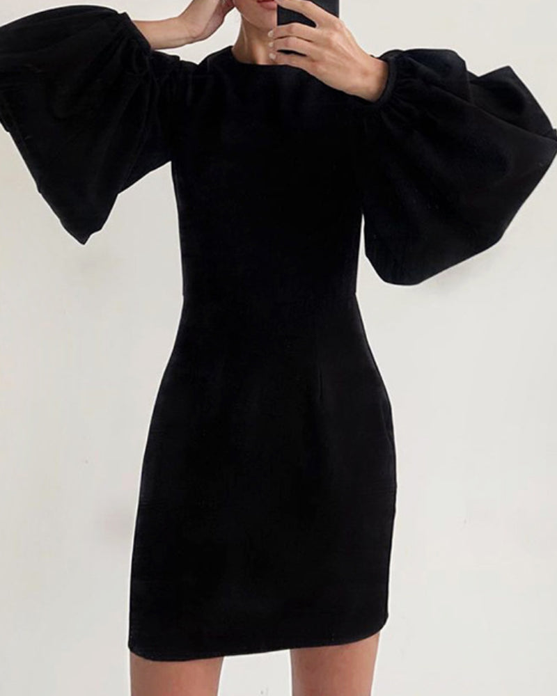 Party Zipper Lantern Sleeve Round Neck Bodycon Mini Dresses