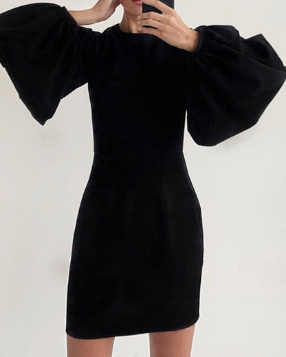 Party Zipper Lantern Sleeve Round Neck Bodycon Mini Dresses