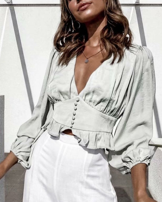 Lantern Sleeve V-neck Ruffled Shirts Blouses