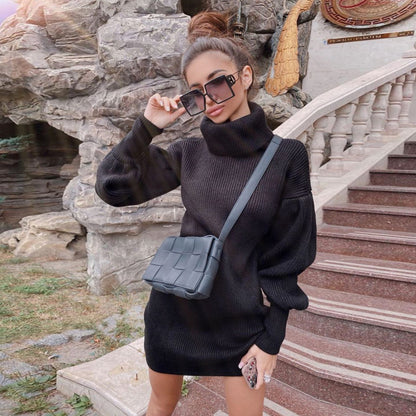 Knit Lantern Sleeve High Collar Sweater Mini Dresses