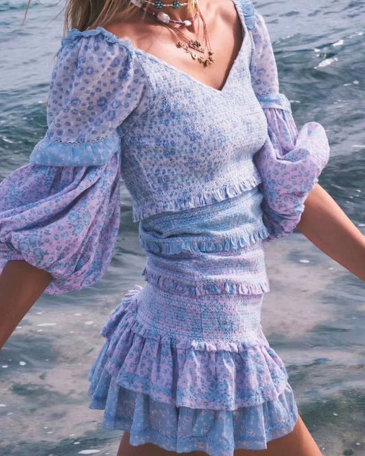 Ruffled Lantern Sleeve Splicing Backless Mini Floral Dresses