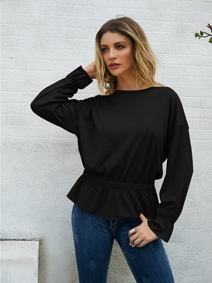 Round Neck Bell Sleeve Long Sleeve Shirt