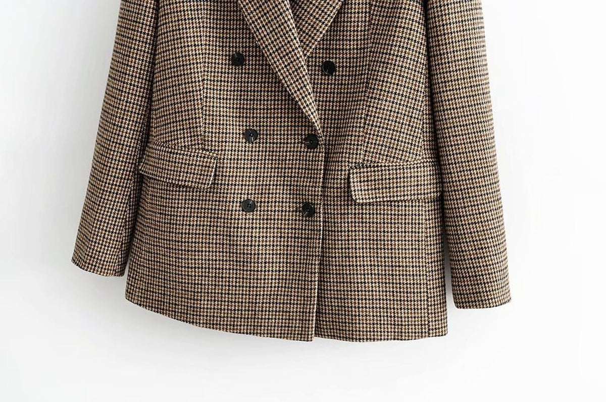 Double-breasted Houndstooth Suit Coat Cardigan Blazers