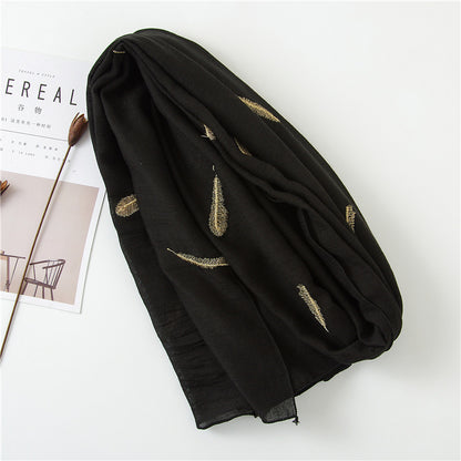 Feather Embroidered Cotton Scarf Shawl for Women Ladies Girls