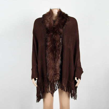 Tassel Fringed Cloak Shawl Fur Collar Sweater Cape Cardigans