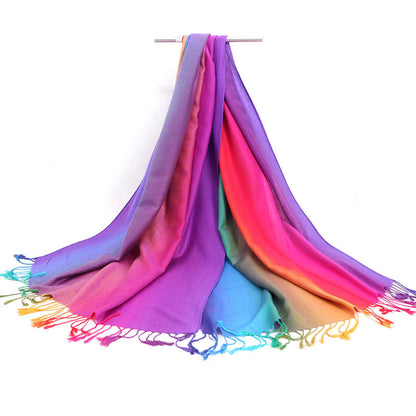Ethnic Style Rainbow Gradient Color Long Soft Neck Scarf Wrap Shawl for Ladies Girls Women