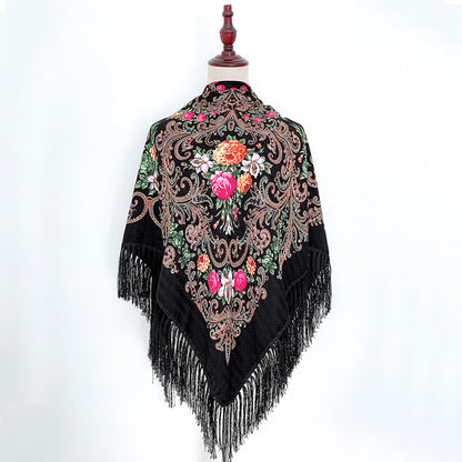Ethnic Retro Flower Square Scarf Muslim Shawl Fringed Scarves for Women Ladies Girls