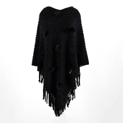 Tassel Fringed Pullover V-neck Collar Pompom Sweater Cloak Shawl Cape