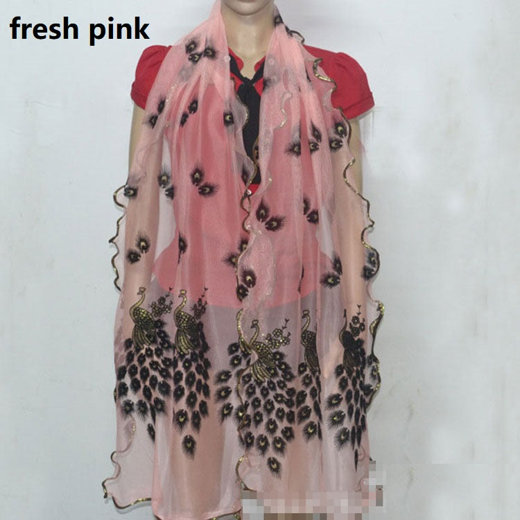 Fashion Lace Scarf Net Yarn Printing Peacock Stitching Flocking Phoenix Scarf for Women Ladies Girls