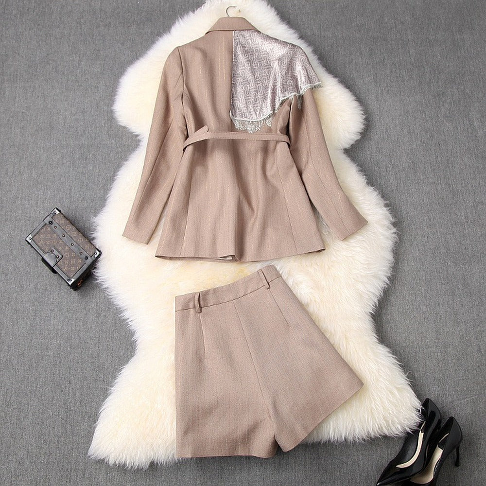 Splicing Silk Scarf Women's Blazer Shorts Two-piece Set