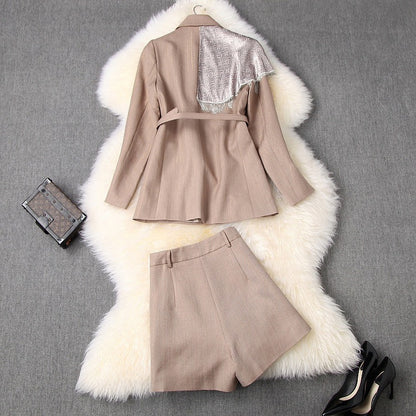 Splicing Silk Scarf Women's Blazer Shorts Two-piece Set