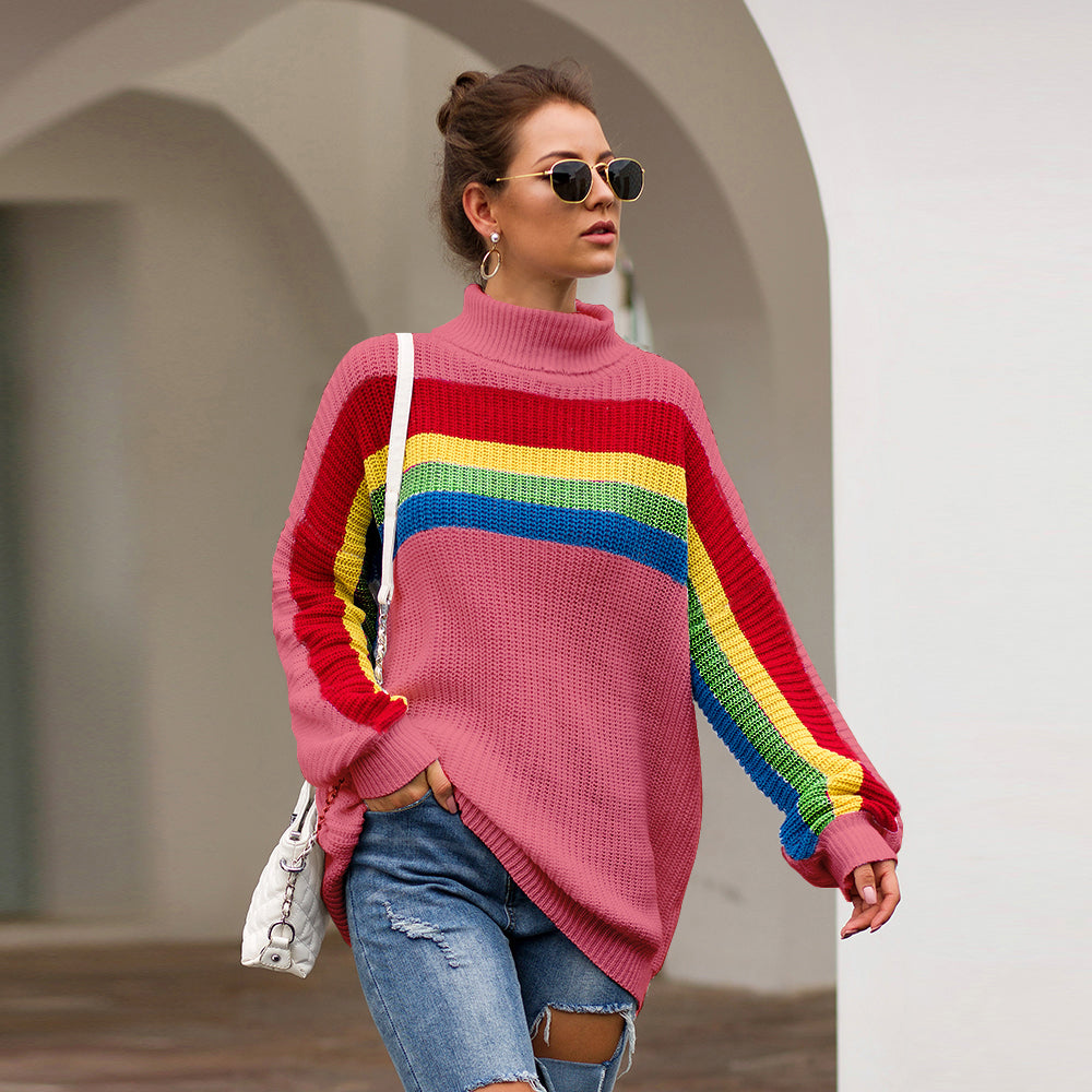 Women‘s High Collar Rainbow Stripes Knit Long Sweater