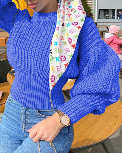 Knit Round Neck Lantern Sleeve Single-breasted Sweaters