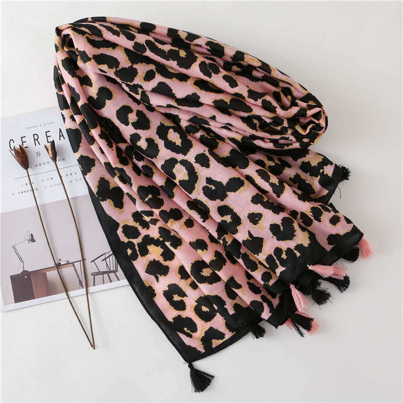 Tassel Fringe Leopard Print Scarf Shawl for Women Ladies Girls