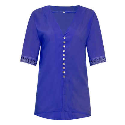 Women's Loose V Neck Lace Edge Shirt Button Blouse