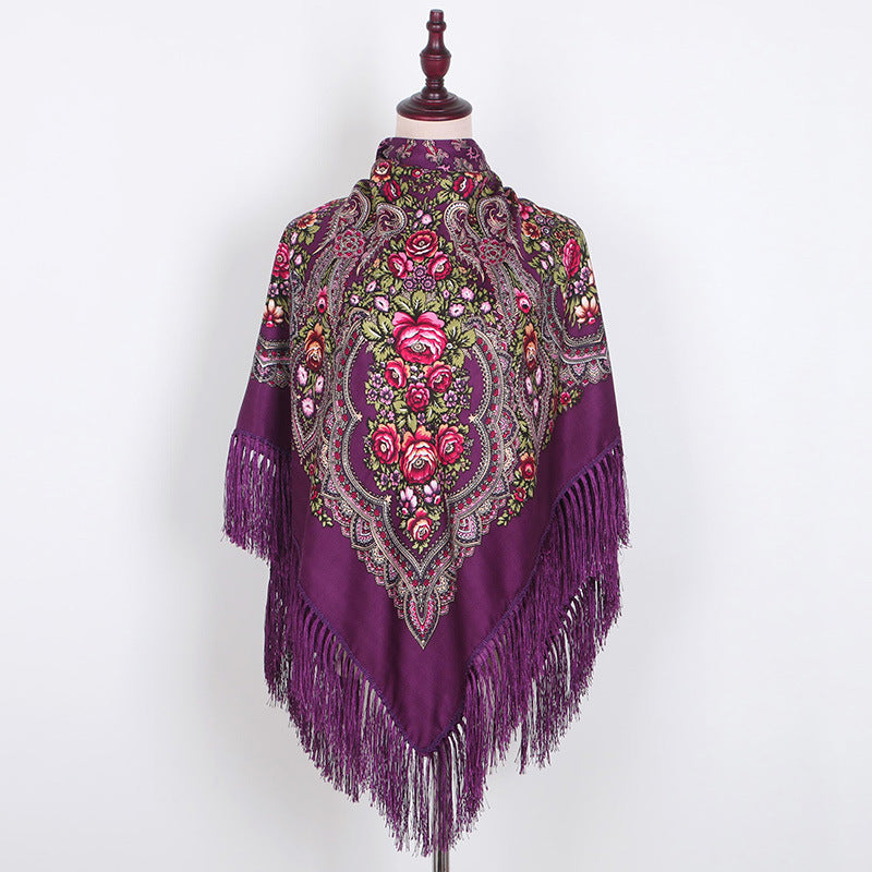 Ethnic Retro Flower Square Scarf Shawl Fringed Scarves for Women Ladies Girls