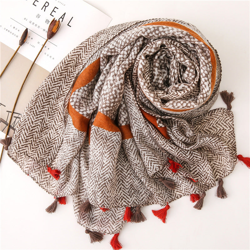 Tassel Grey Printed Cotton Scarf Shawl for Women Ladies Girls