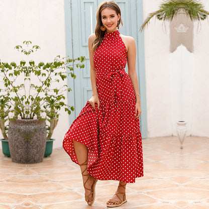 Vacation Halter Polka Dot Floral Maxi Dresses