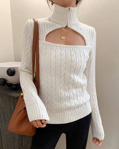 Hollow-out Knit High Collar Sweaters Shirts