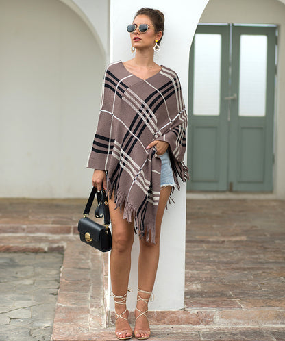 Tassel Fringed Pullover V-neck Diagonal Stripes Sweater Cloak Shawl Cape