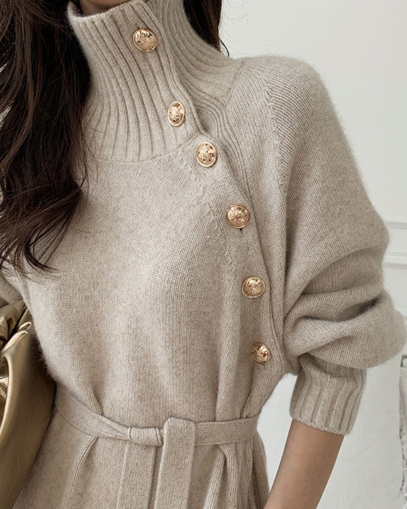 Knit High Collar Lace-up Puff Sleeve Sweater Midi Dresses