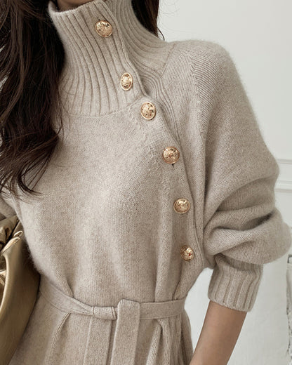 Knit High Collar Lace-up Puff Sleeve Sweater Midi Dresses