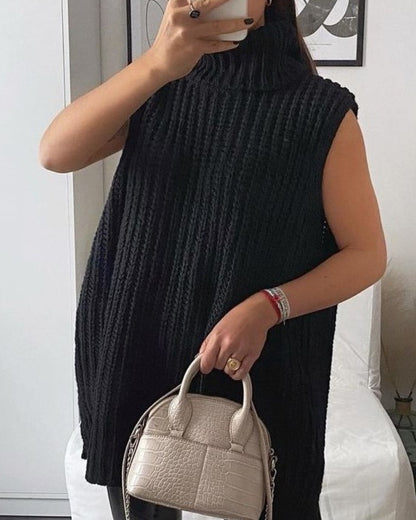 Casual Pile Collar High-collared Sweaters Mini Dresses Black