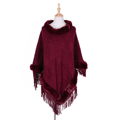 Tassel Hem Fur Collar Pullover Sweater Cloak Shawl Cape