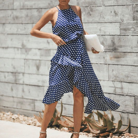 Polka Dot Print Lace-up Irregular Maxi Dress