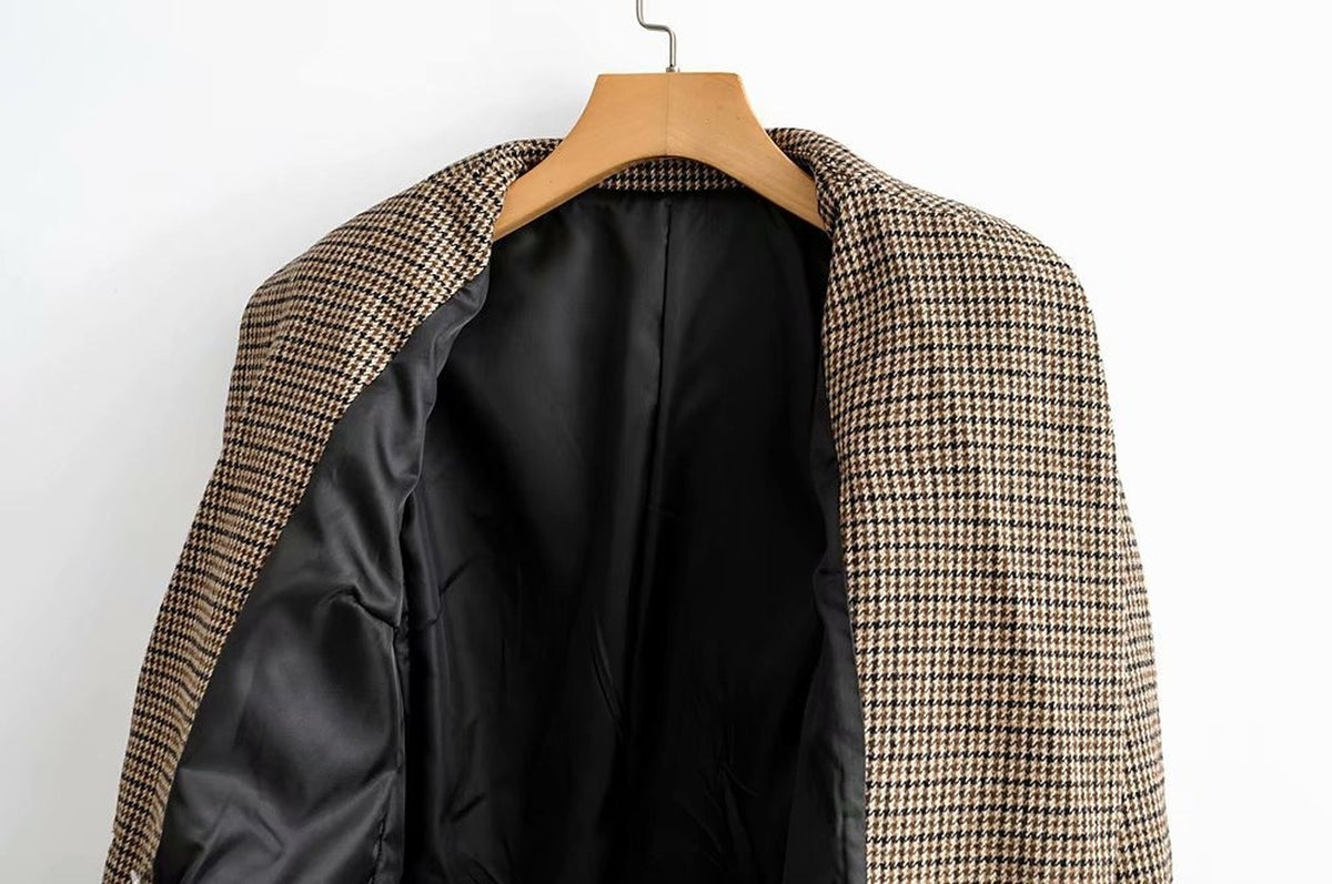 Double-breasted Houndstooth Suit Coat Cardigan Blazers
