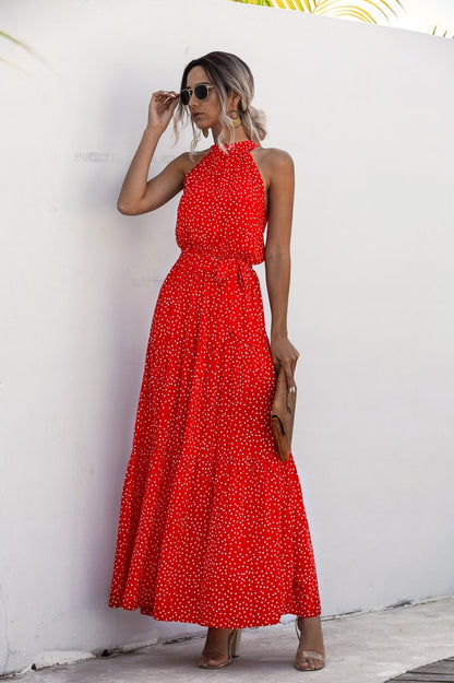 Orange Wave Bohemian Boho Printed Hanging Neck Straps Maxi Dresses