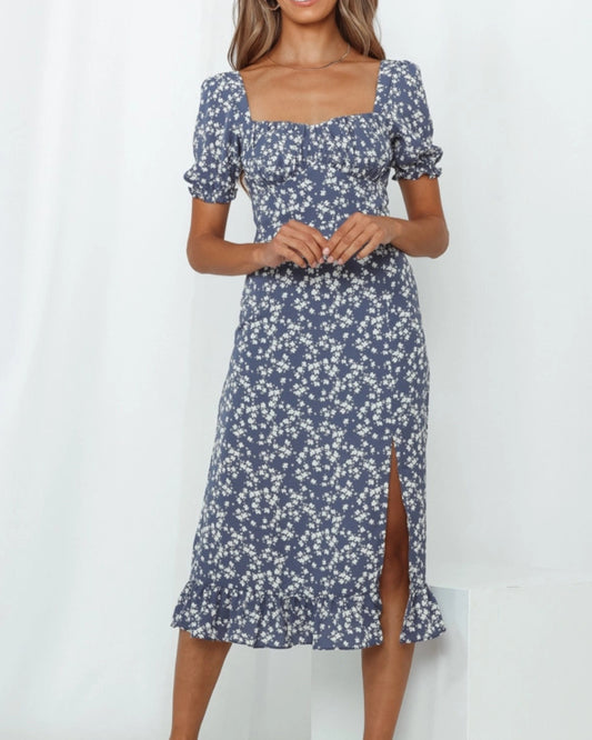 Backless Vintage Square Collar Floral Printed Midi Dress