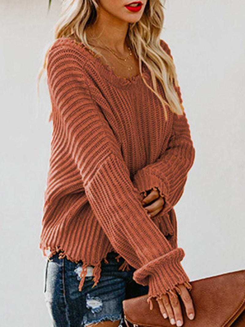 Sexy Deep V Neck Exposed Navel Irregular Edge Sweater