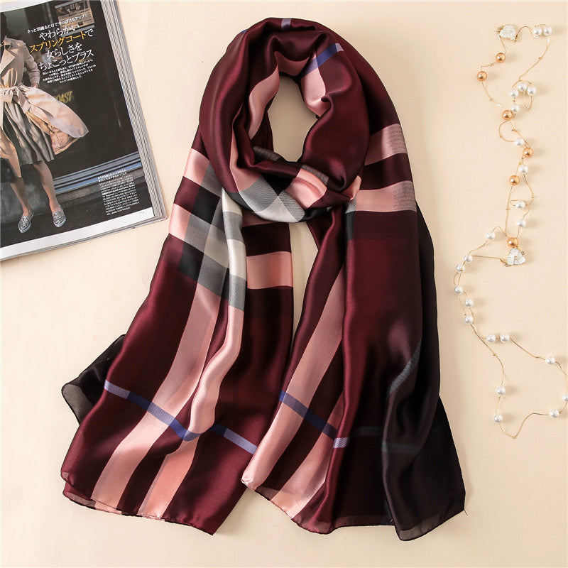 Elegant Fashion Classic Plaid Gradient Stamp Printing Silk Scarf Shawl Wrap for Women Ladies Girls 90x180