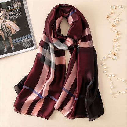 Elegant Fashion Classic Plaid Gradient Stamp Printing Silk Scarf Shawl Wrap for Women Ladies Girls 90x180