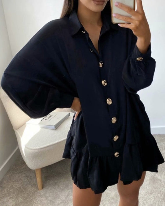 Ruffled Single-breasted Pile Collar Bubble Sleeve Mini Dresses